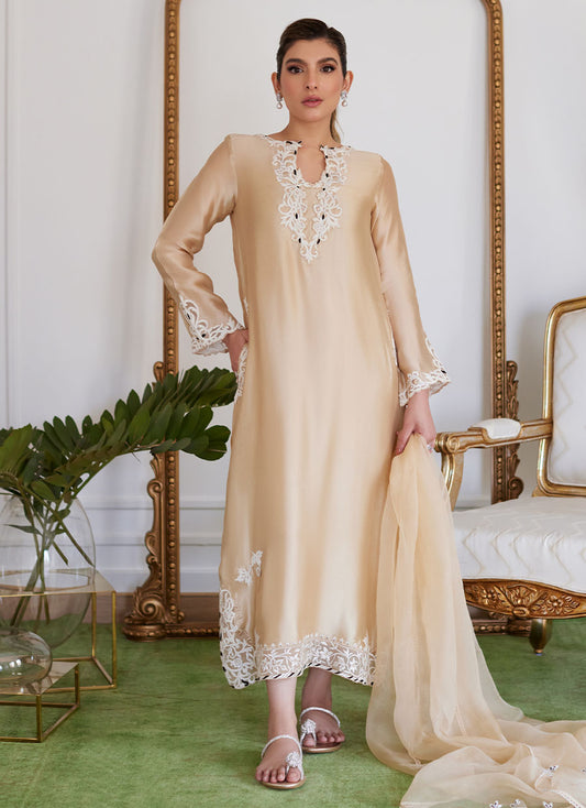 Melvina Champagne Beige Embroidered Shisha Silk Shirt With Dupatta