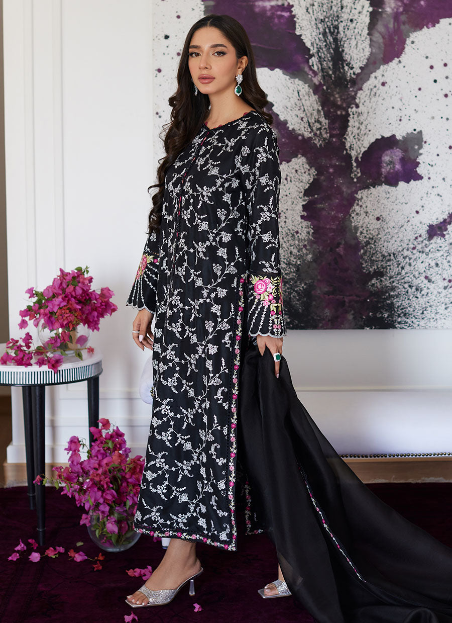 Vittoria Black Embroidered Raw Silk Shirt With Dupatta