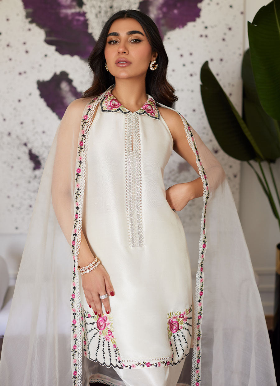 Genevive Pearl White Embroidered Raw Silk Shirt With Dupatta