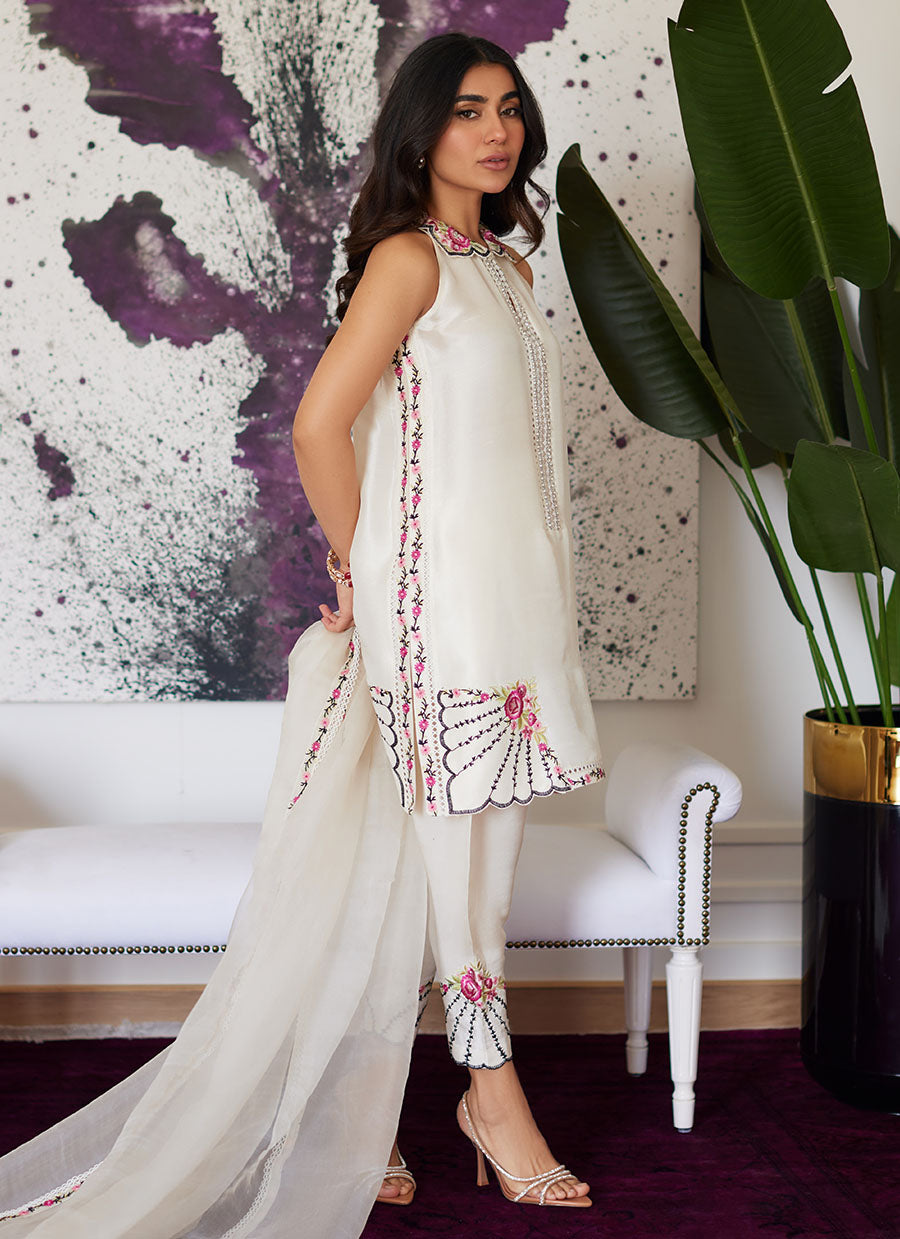 Genevive Pearl White Embroidered Raw Silk Shirt With Dupatta