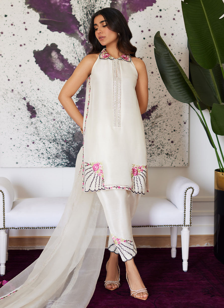 Genevive Pearl White Embroidered Raw Silk Shirt With Dupatta