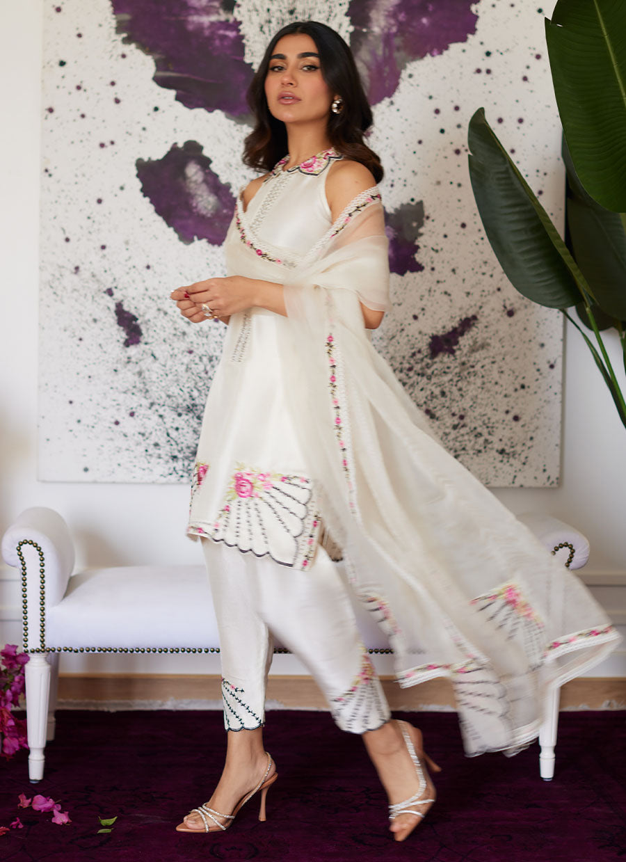 Genevive Pearl White Embroidered Raw Silk Shirt With Dupatta