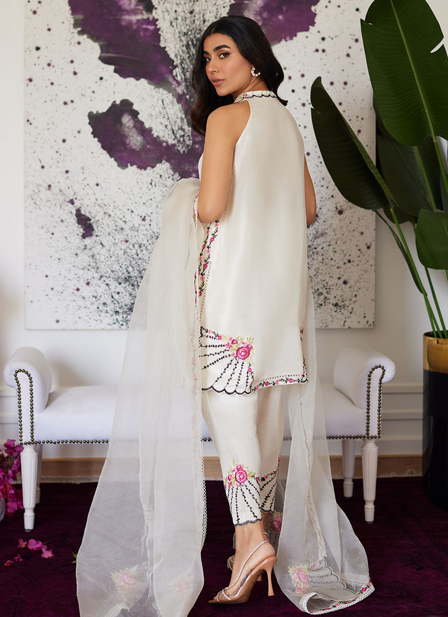 Genevive Pearl White Embroidered Raw Silk Shirt With Dupatta