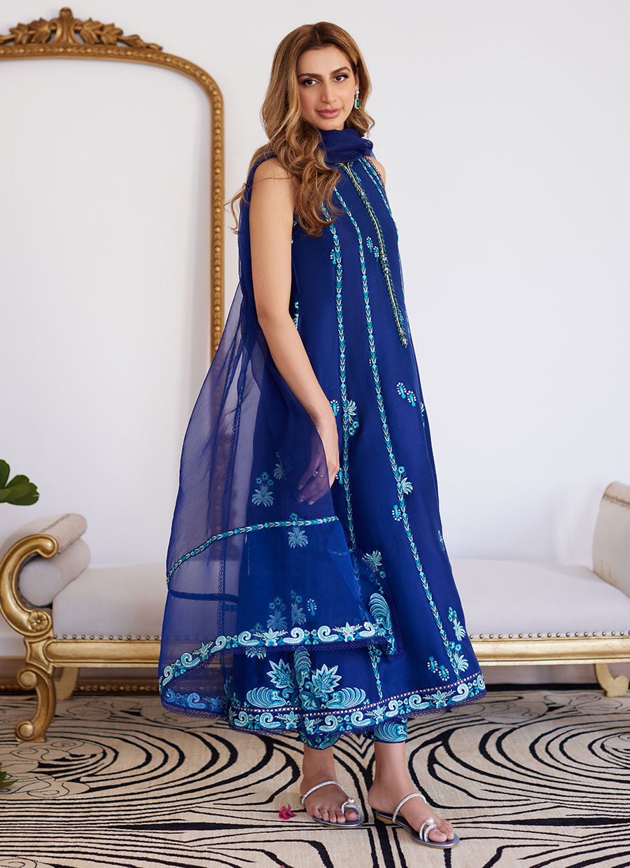 Elsyee Royal Blue Embroidered Raw Silk Shirt With Dupatta