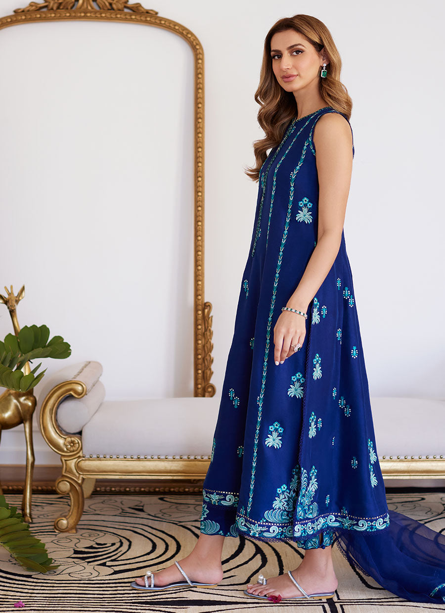 Elsyee Royal Blue Embroidered Raw Silk Shirt With Dupatta