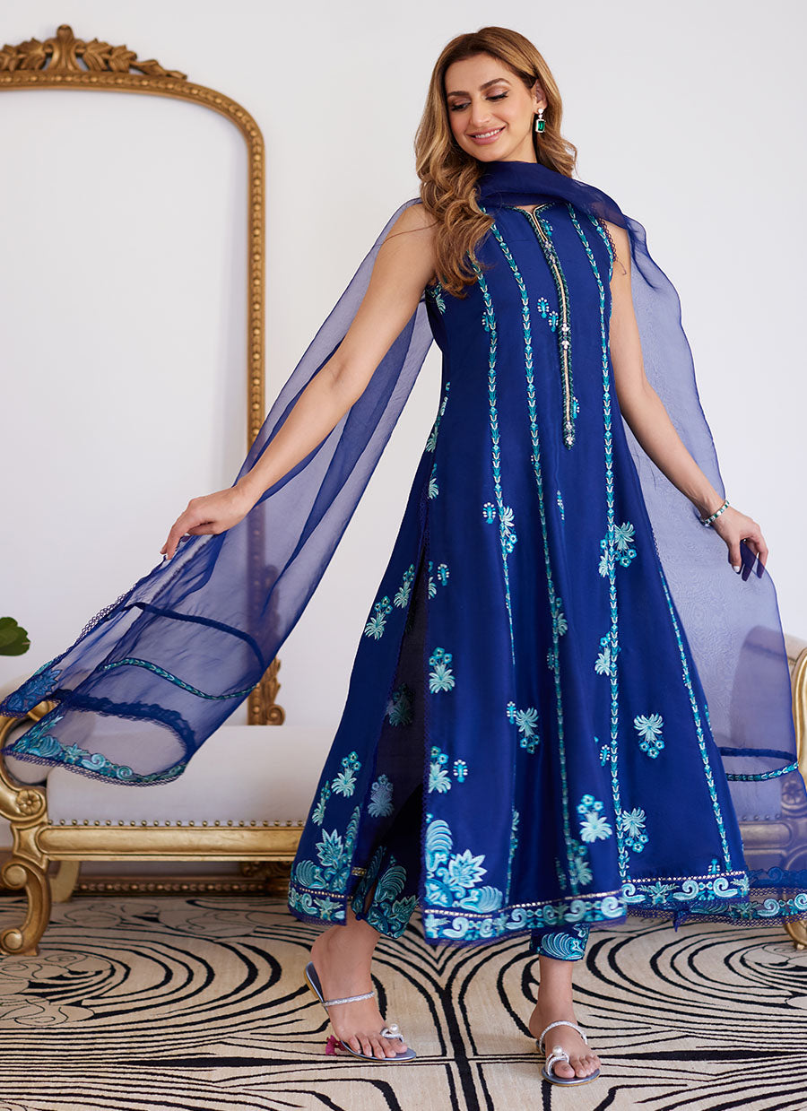 Elsyee Royal Blue Embroidered Raw Silk Shirt With Dupatta