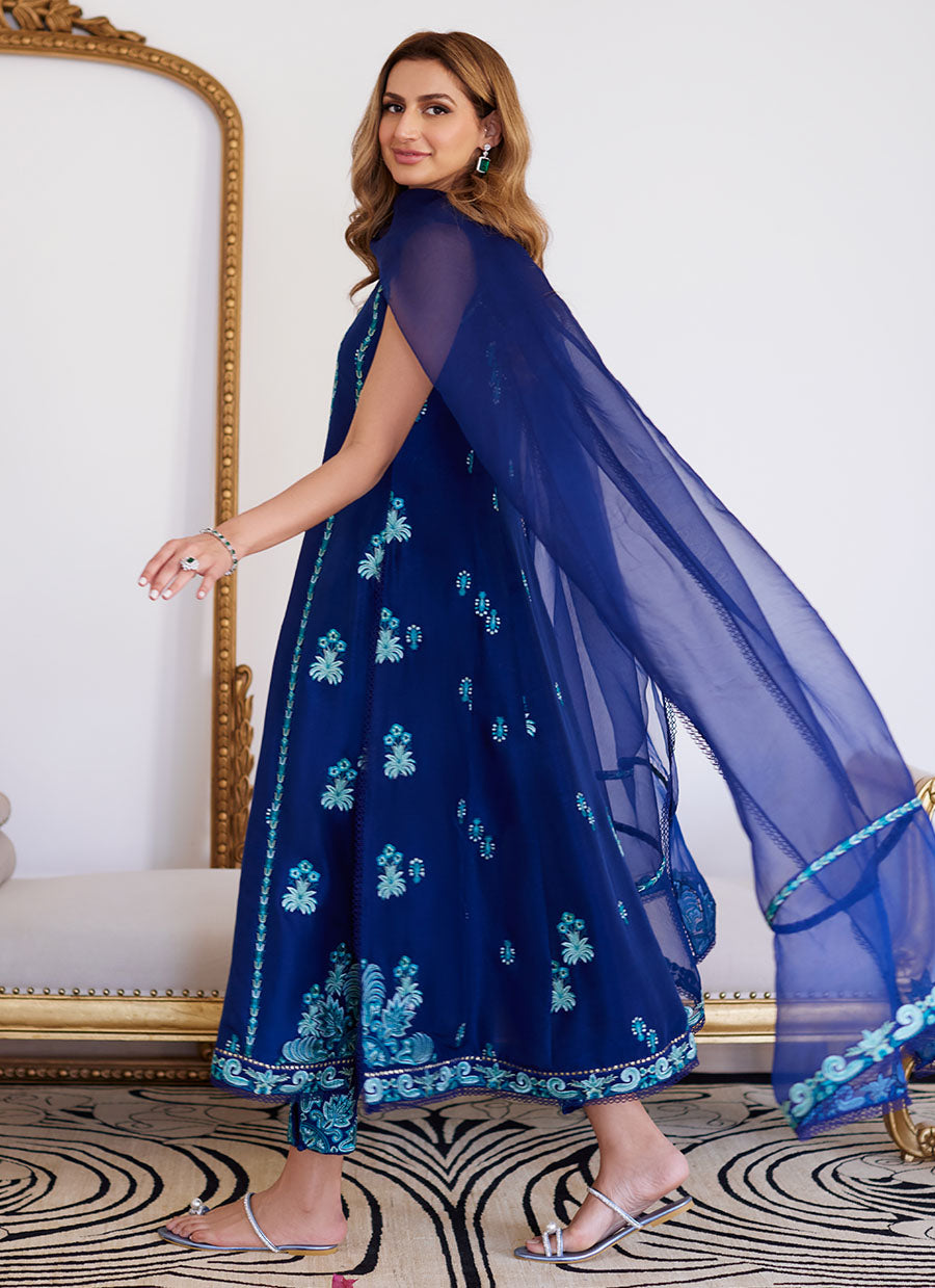 Elsyee Royal Blue Embroidered Raw Silk Shirt With Dupatta