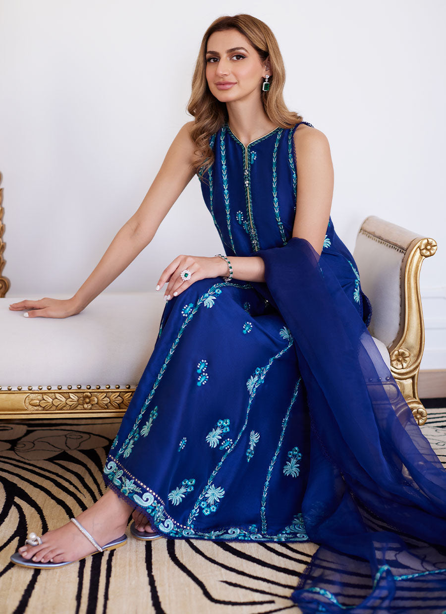 Elsyee Royal Blue Embroidered Raw Silk Shirt With Dupatta