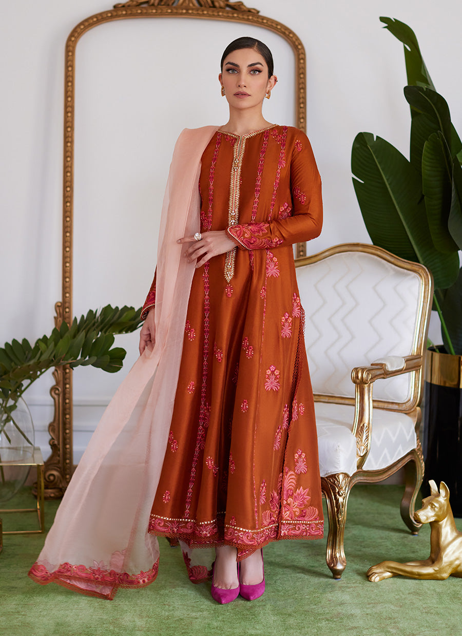 Seneera Embroidered Rust Raw Silk Kalidaar With Dupatta