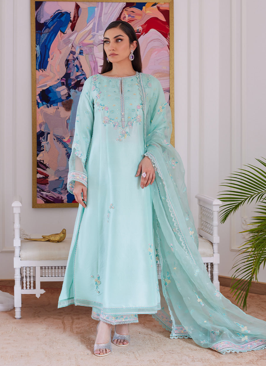 Aurella Mint Embroidered Raw Silk Shirt With Dupatta