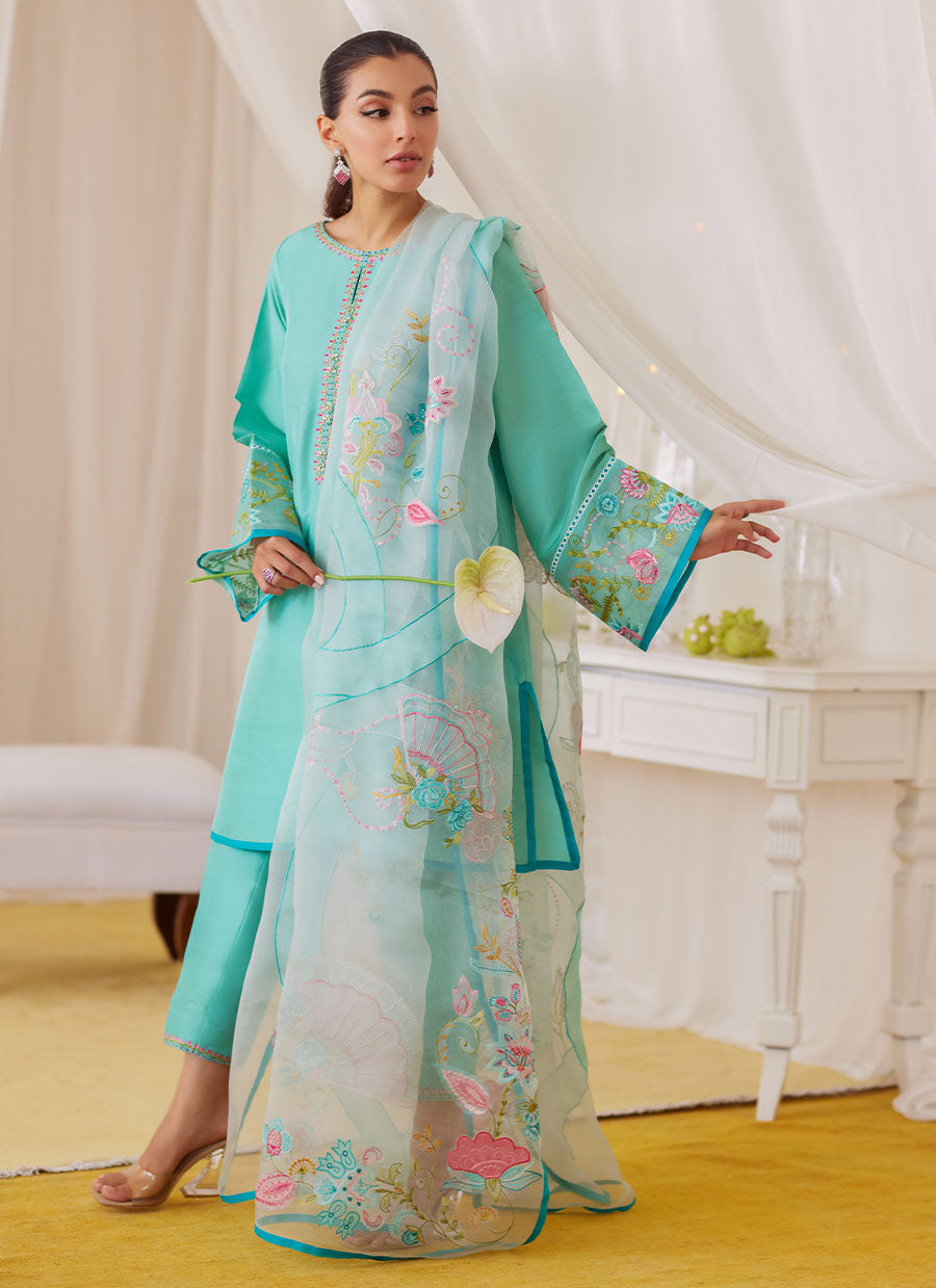 Una Turquoise Shirt And Embroidered Dupatta