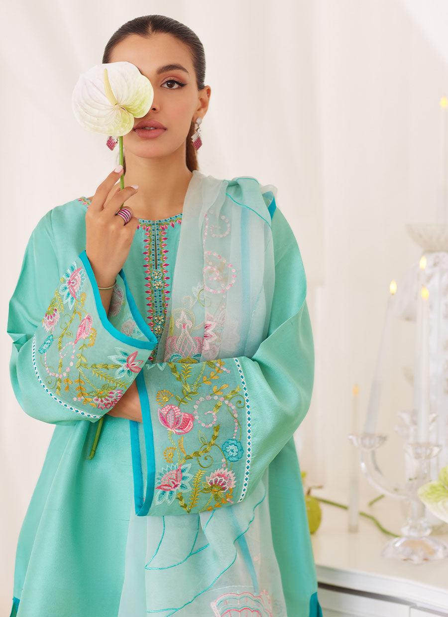 Una Turquoise Shirt And Embroidered Dupatta