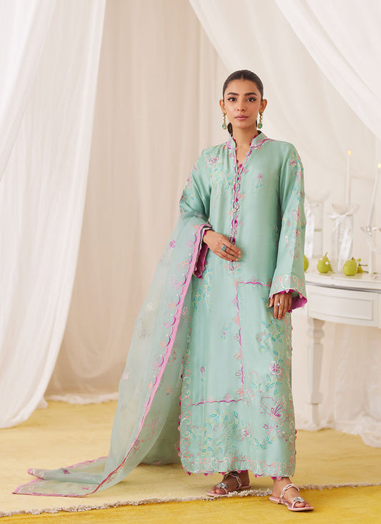 Petra Fern Green Embroidered Shirt And Dupatta