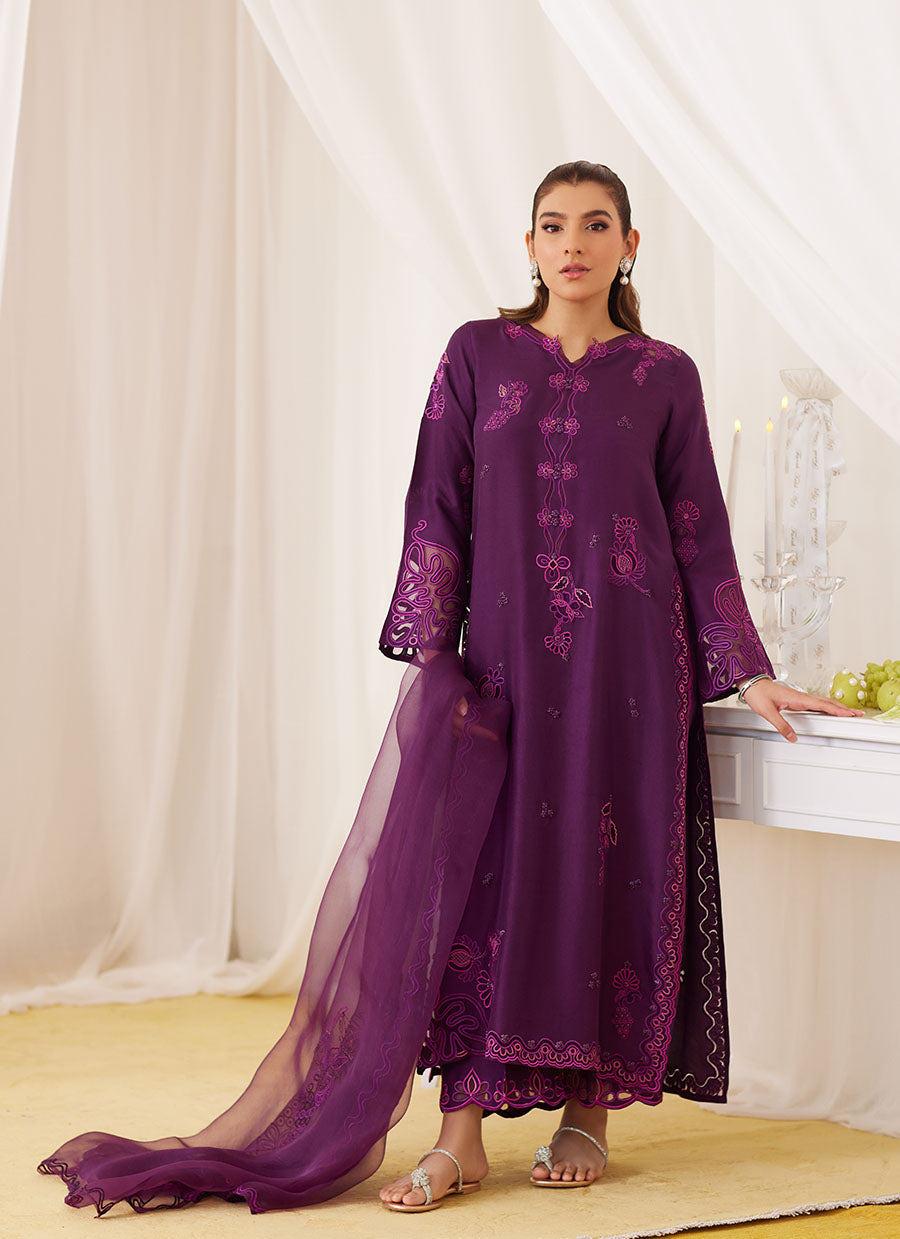 Teo Eggplant Embroidered Shirt And Dupatta