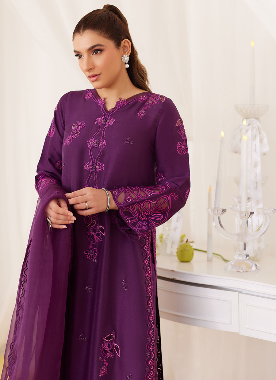 Teo Eggplant Embroidered Shirt And Dupatta