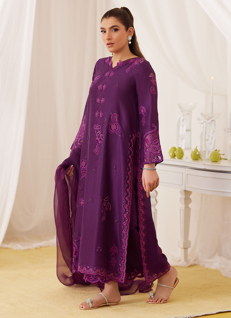 Teo Eggplant Embroidered Shirt And Dupatta