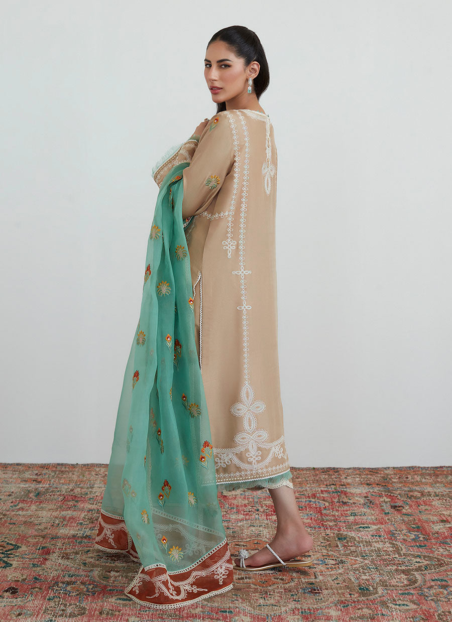 Latte Embroidered Shirt with Organza Dupatta