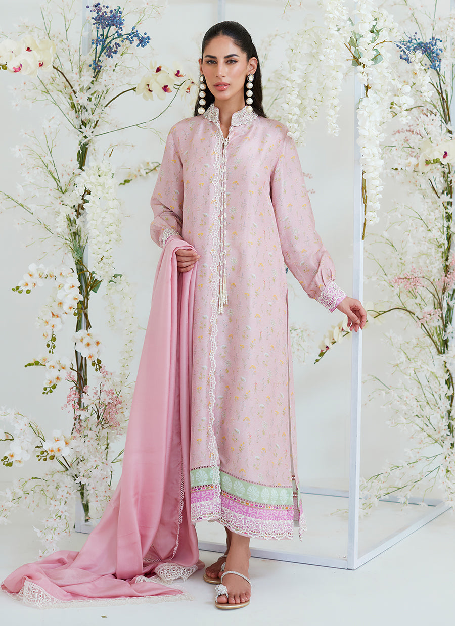 Arya Chai Pink Floral Shirt with Silk Dupatta