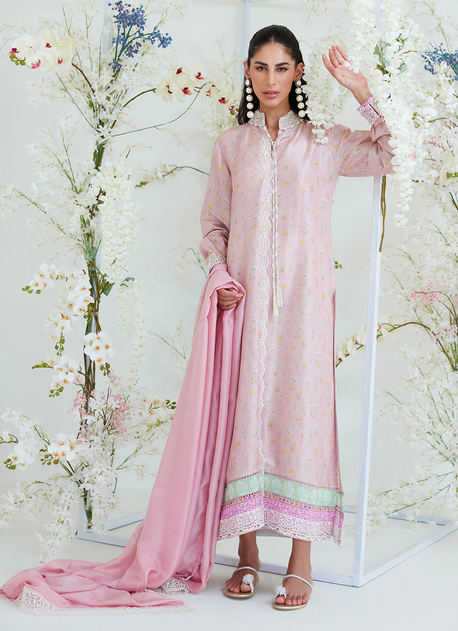 Arya Chai Pink Floral Shirt with Silk Dupatta