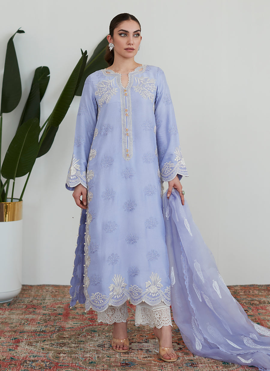 Olenna Periwinkle Embroidered Shirt with Organza Dupatta