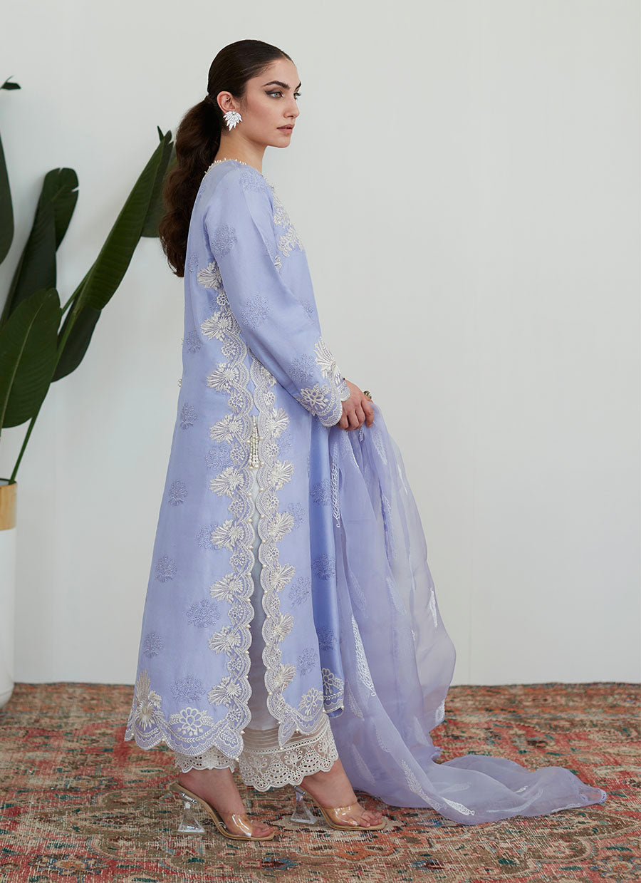 Olenna Periwinkle Embroidered Shirt with Organza Dupatta