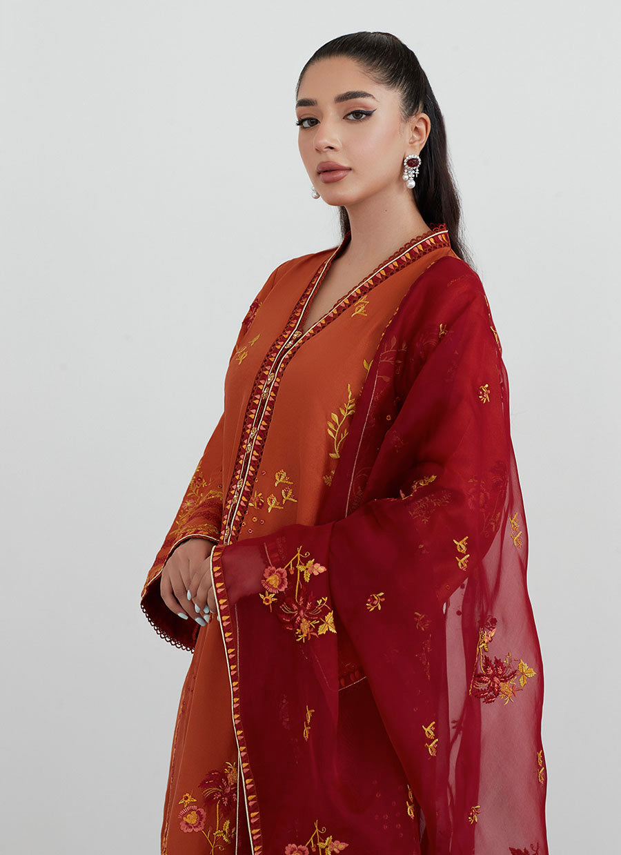 Ginger Rust Embroidered Shirt with Organza Dupatta