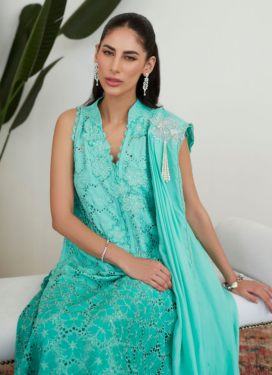 Tiffany Aqua Silk Cutwork with Pre Draped Dupatta