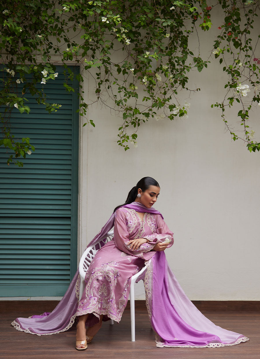 Ivan Mauve Embroidered Cotton Net Shirt with Medium Silk Dupatta