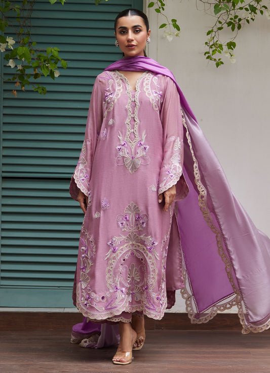 Ivan Mauve Embroidered Cotton Net Shirt with Medium Silk Dupatta