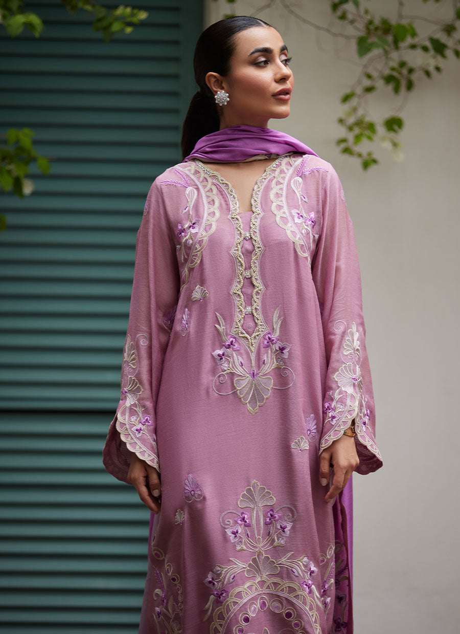 Ivan Mauve Embroidered Cotton Net Shirt with Medium Silk Dupatta