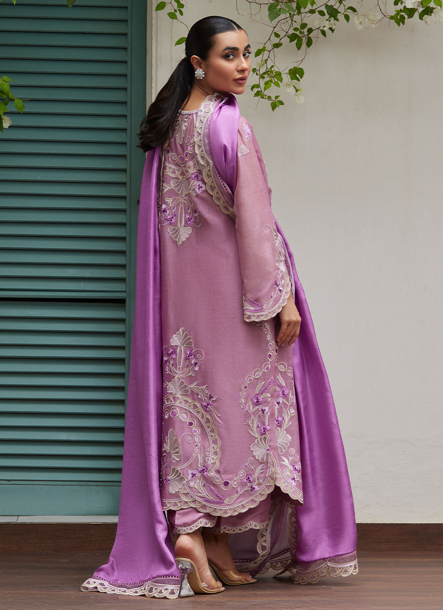 Ivan Mauve Embroidered Cotton Net Shirt with Medium Silk Dupatta