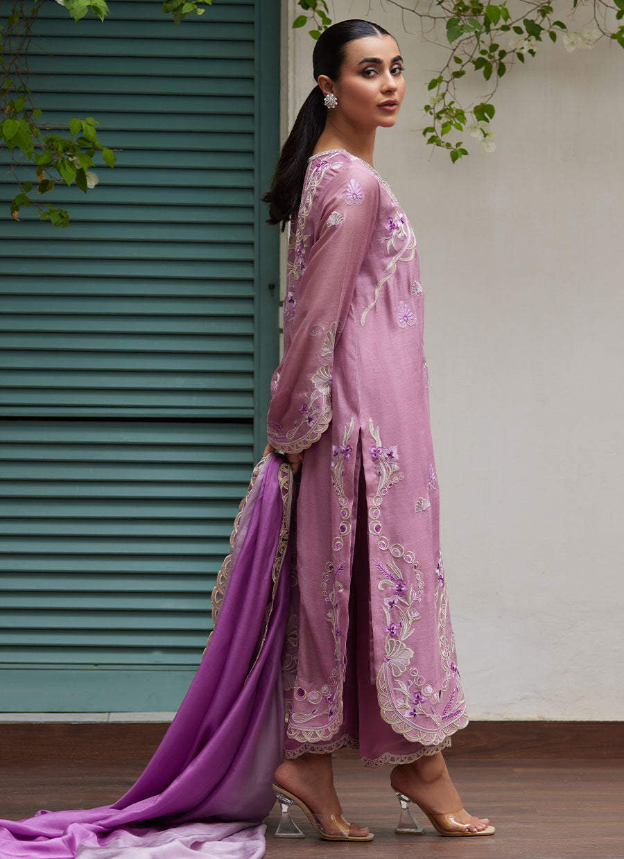 Ivan Mauve Embroidered Cotton Net Shirt with Medium Silk Dupatta