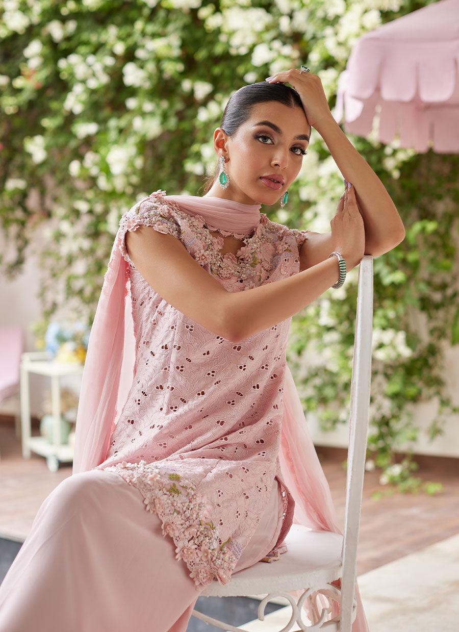 Karina Blush Schiffli Raw Silk Shirt with Pre-Draped Dupatta