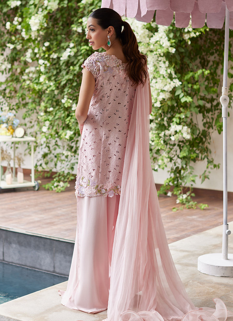 Karina Blush Schiffli Raw Silk Shirt with Pre-Draped Dupatta