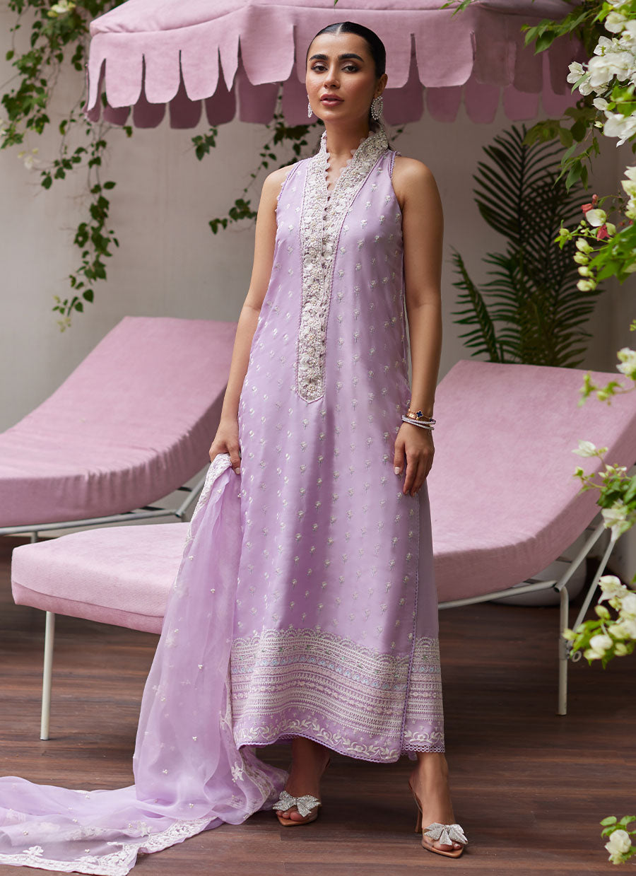 Larissa Lavender Embroidered Column Shirt with Organza Dupatta