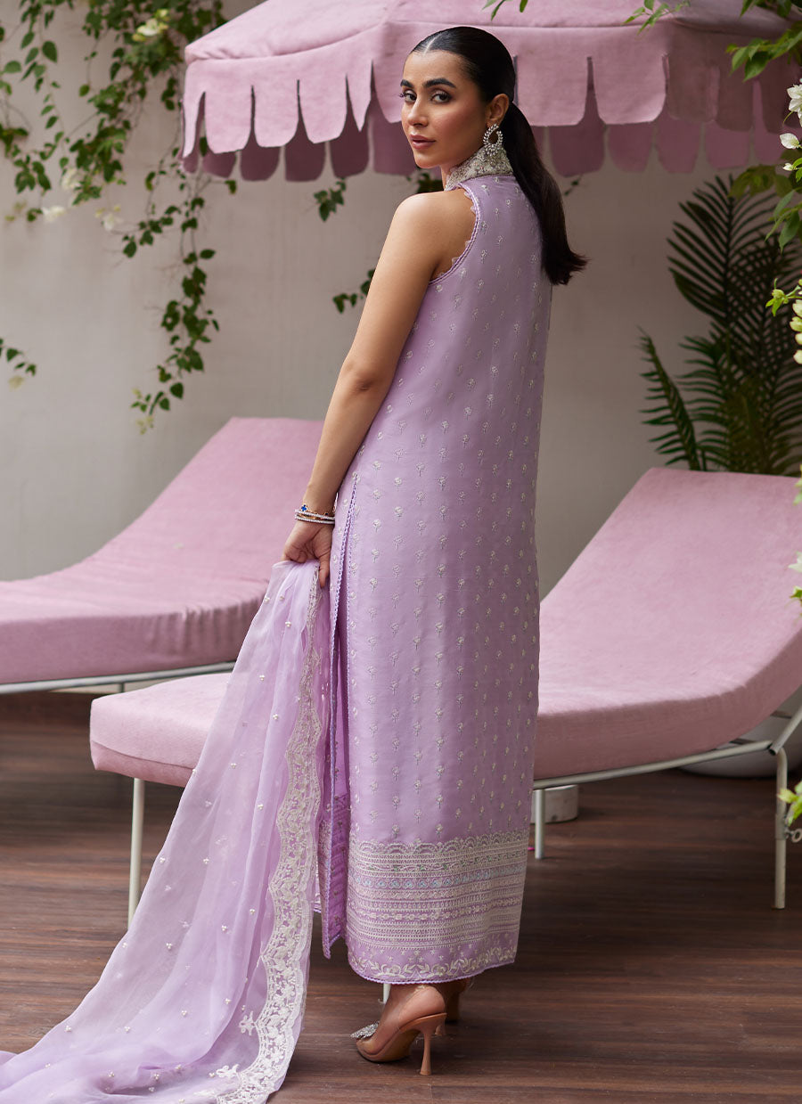 Larissa Lavender Embroidered Column Shirt with Organza Dupatta