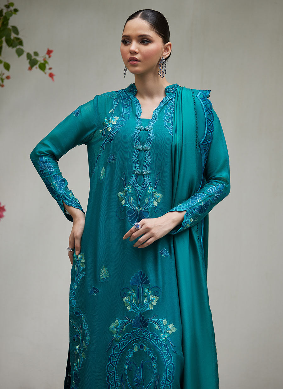 Leona Emerald Embroidered Cotton Net Shirt with Silk Dupatta