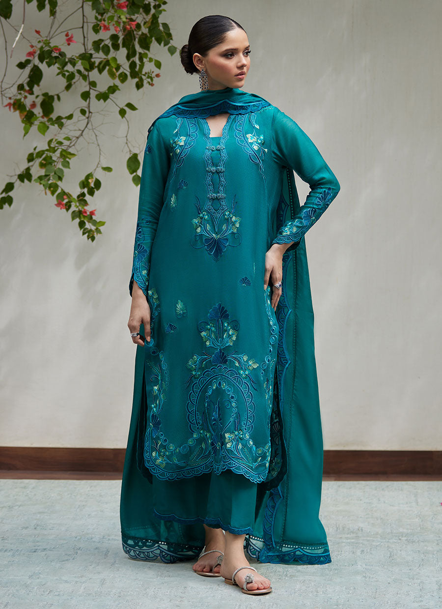 Leona Emerald Embroidered Cotton Net Shirt with Silk Dupatta