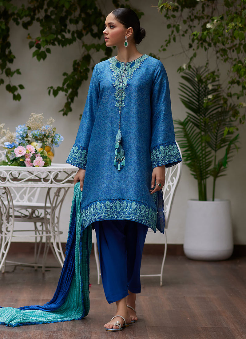 Faina Cobalt Blue Embroidered Raw Silk Shirt and Dupatta