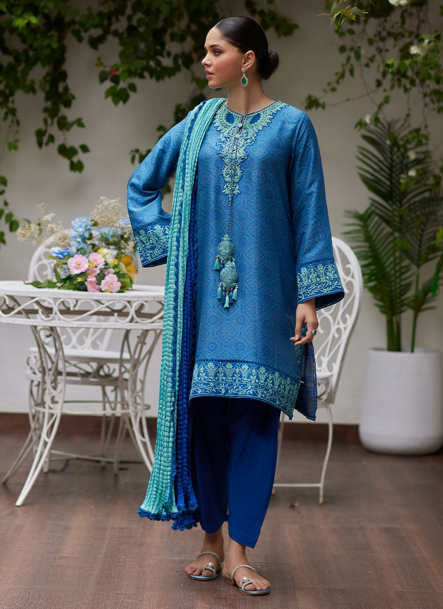 Faina Cobalt Blue Embroidered Raw Silk Shirt and Dupatta