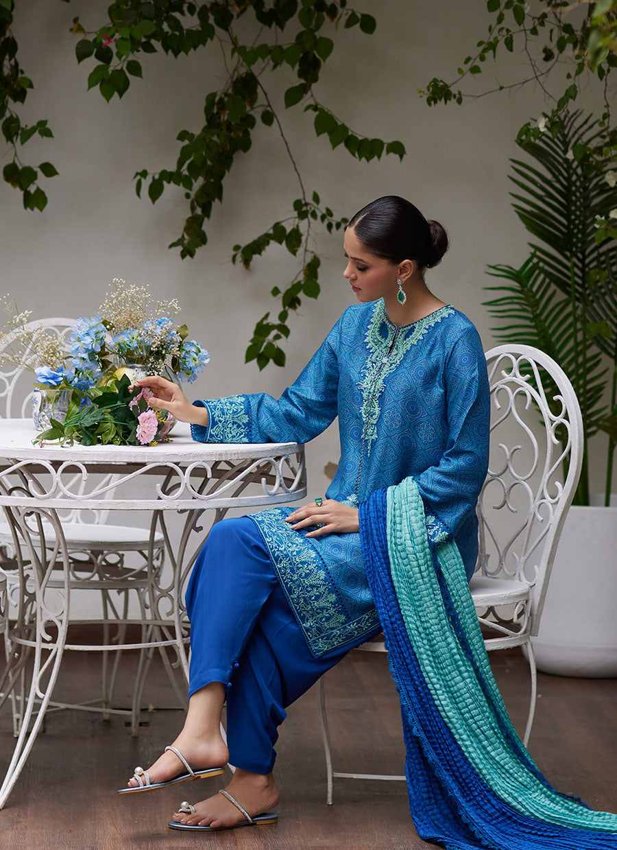 Faina Cobalt Blue Embroidered Raw Silk Shirt and Dupatta