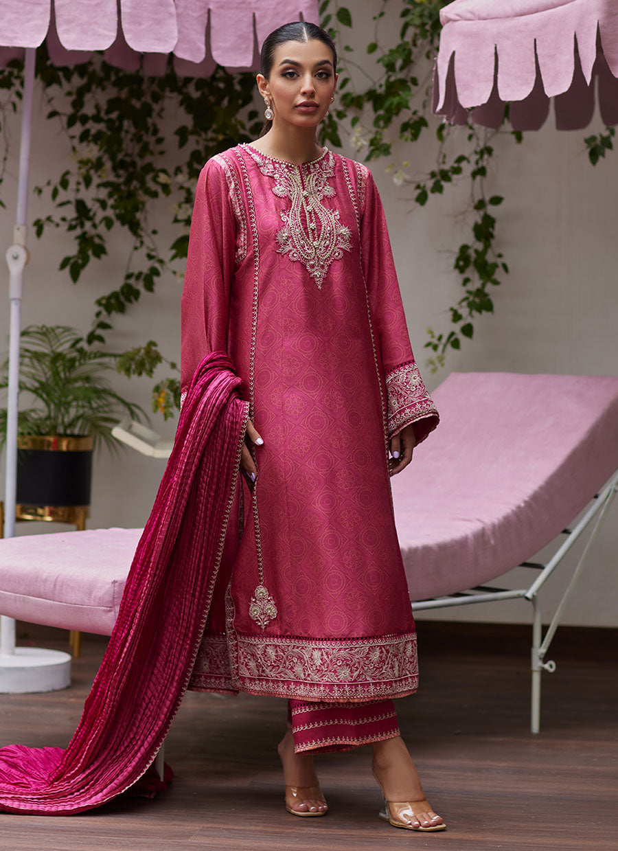 Feo Crimson Embroidered Raw Silk Shirt and Dupatta