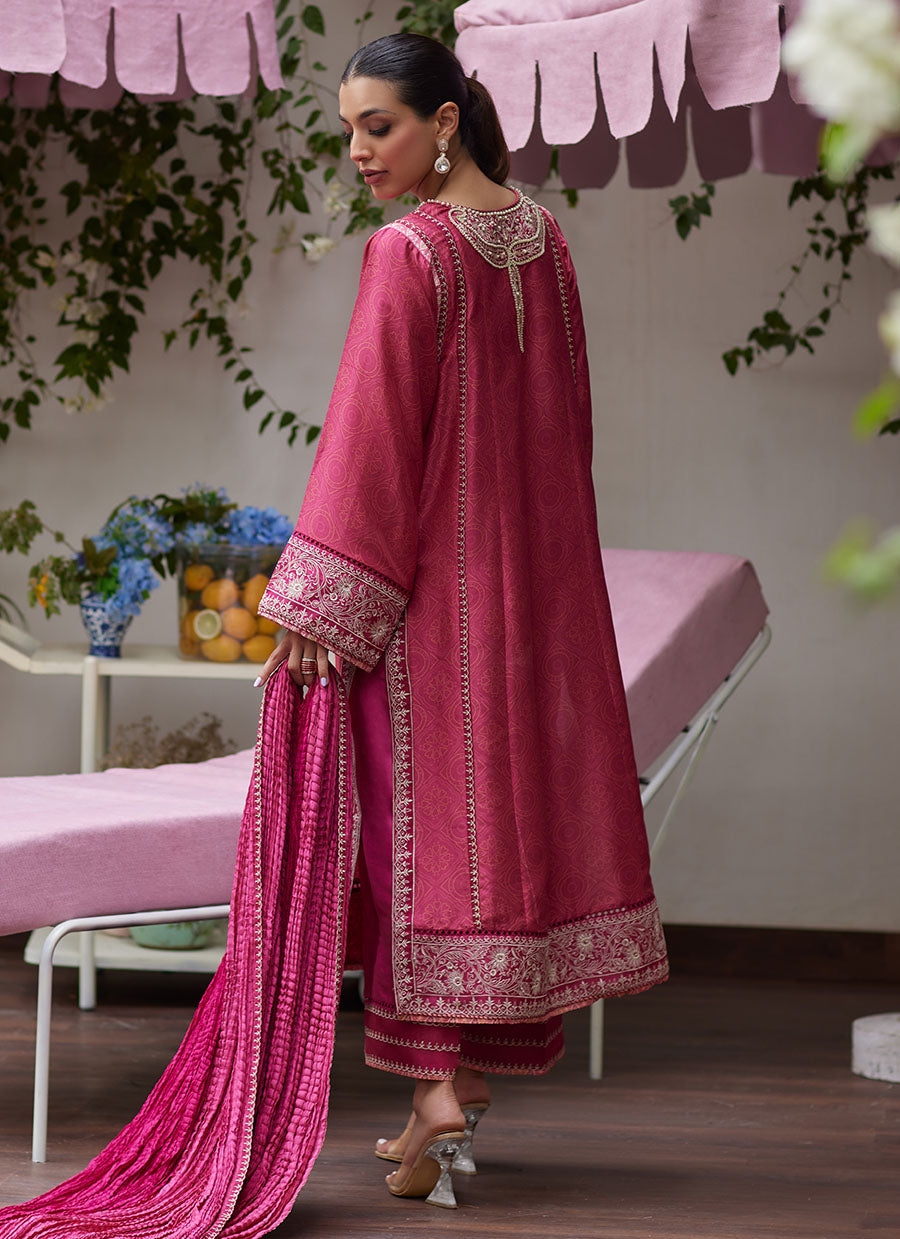 Feo Crimson Embroidered Raw Silk Shirt and Dupatta