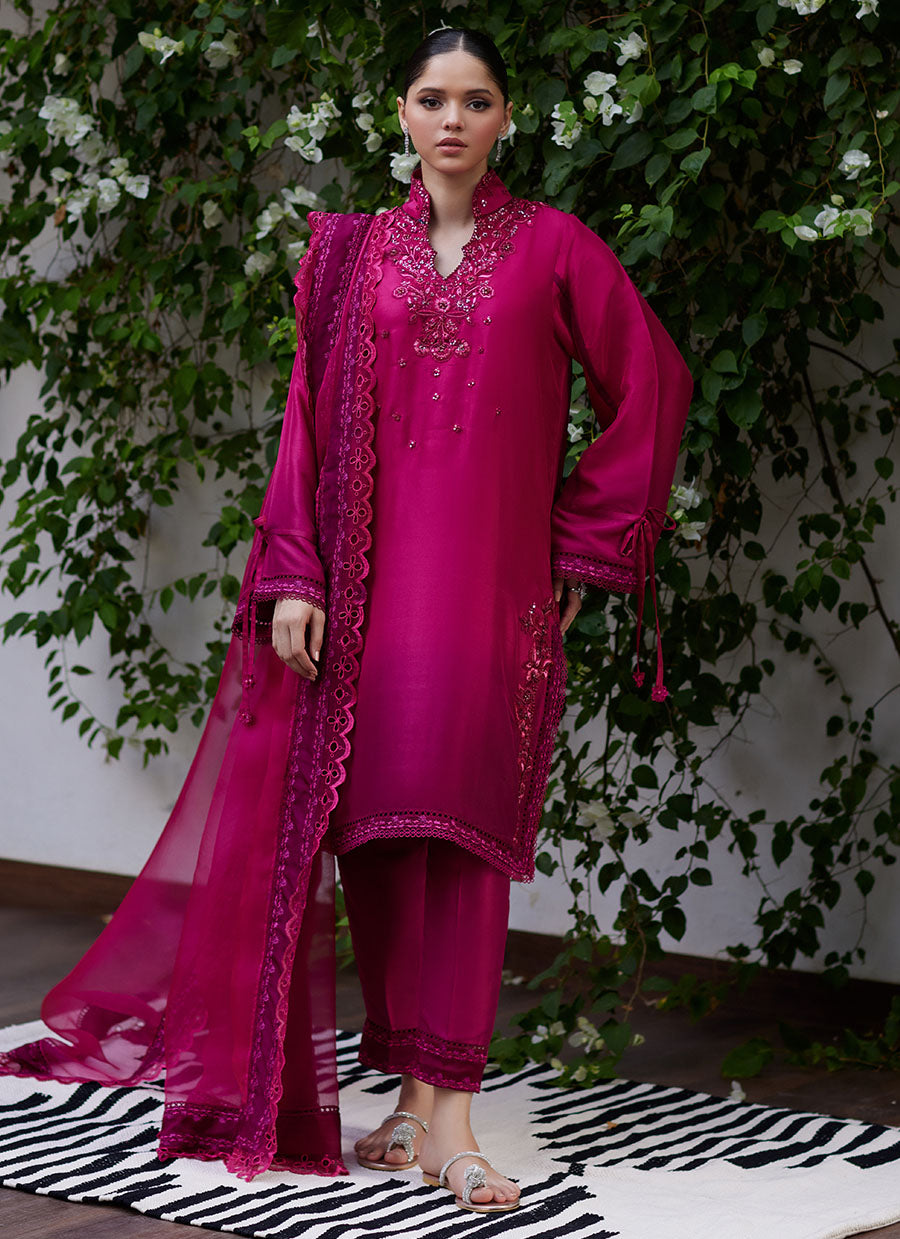 Yeliza Raspberry Ombre Raw Silk Shirt and Dupatta