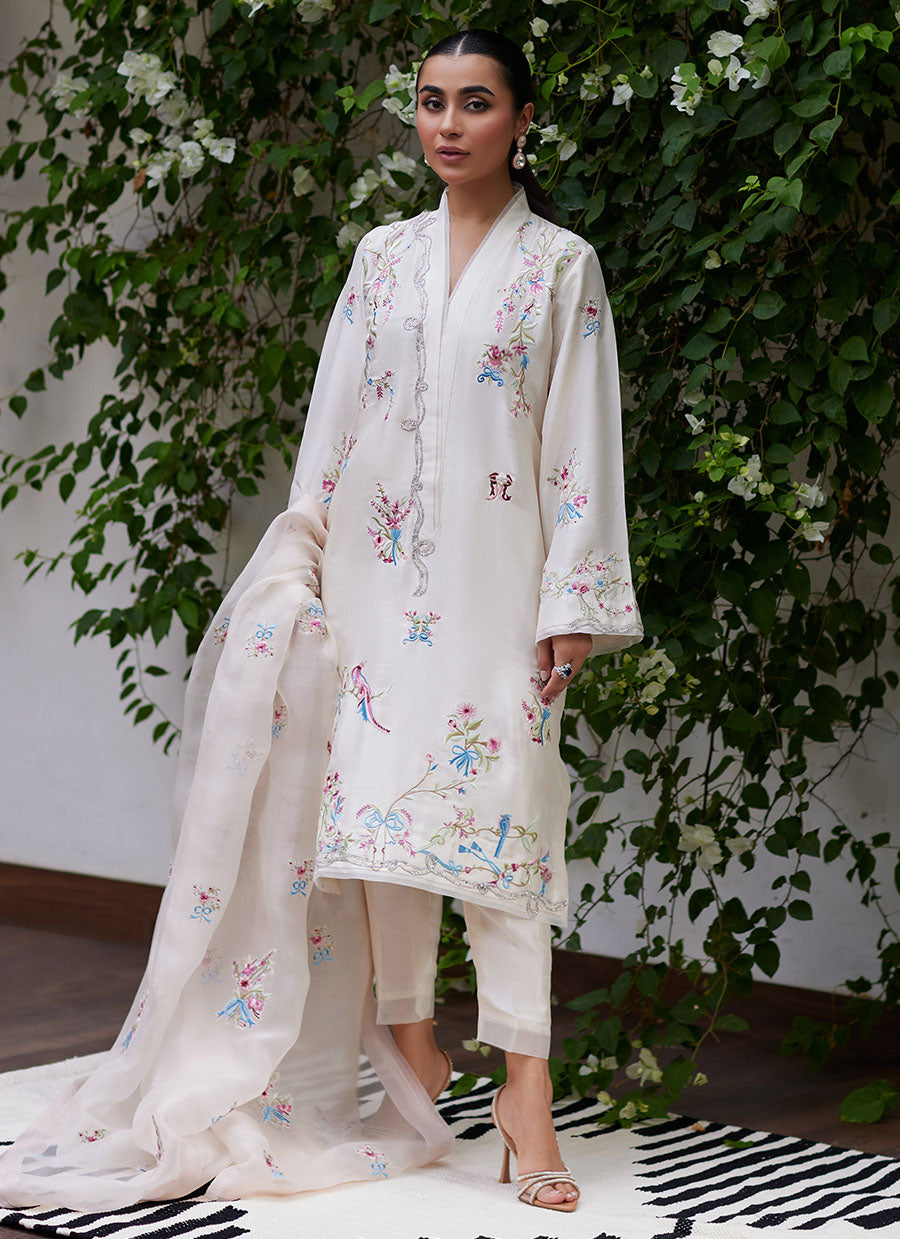 Vasily Ivory Embroidered Raw Silk Shirt with Dupatta