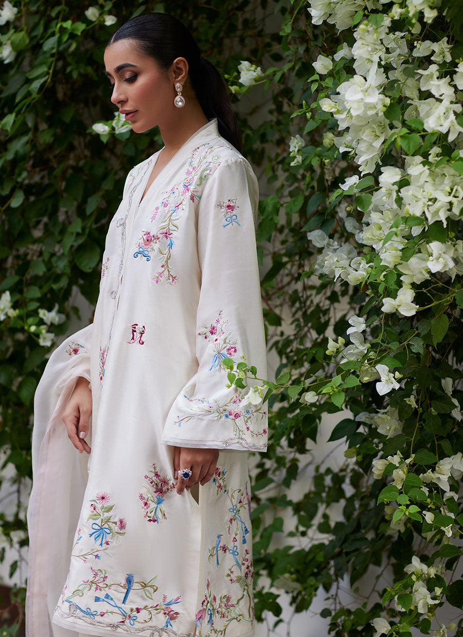 Vasily Ivory Embroidered Raw Silk Shirt with Dupatta