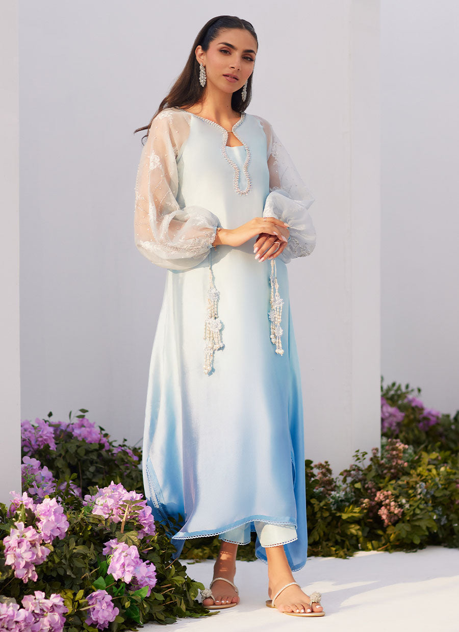 Bow Ombre Blue Embellished Kaftan Cut Shirt