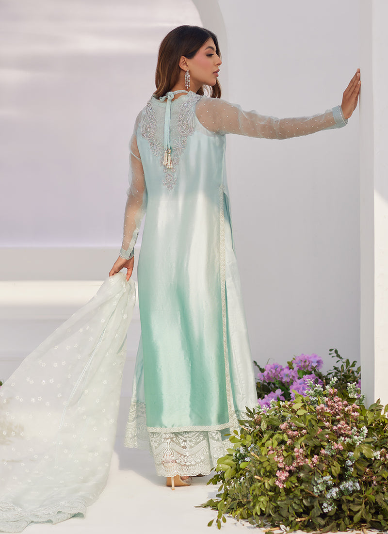 Solene Aqua Ombre Embellished Column Shirt with Embroidered Kalidaar Slip