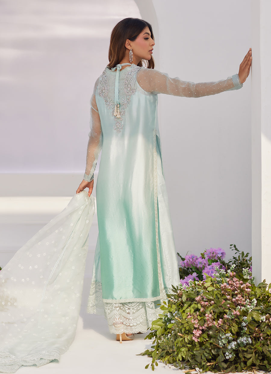 Solene Aqua Ombre Embellished Column Shirt with Embroidered Kalidaar Slip