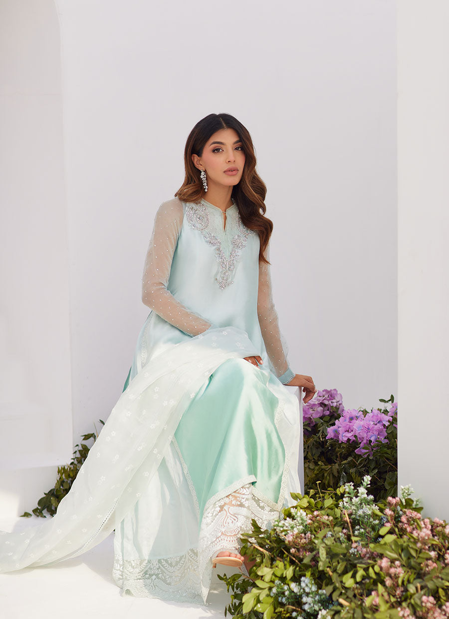 Solene Aqua Ombre Embellished Column Shirt with Embroidered Kalidaar Slip